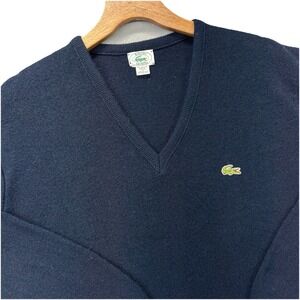 Vintage Izod Lacoste V Neck Sweater Mens L Blue Knit Gator Logo  Made in USA